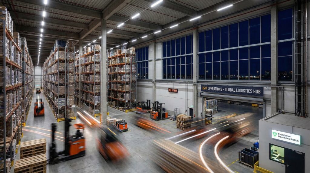 Динамічна робота логістичного центру Orkin Україна в нічну зміну: навантажувачі між стелажами