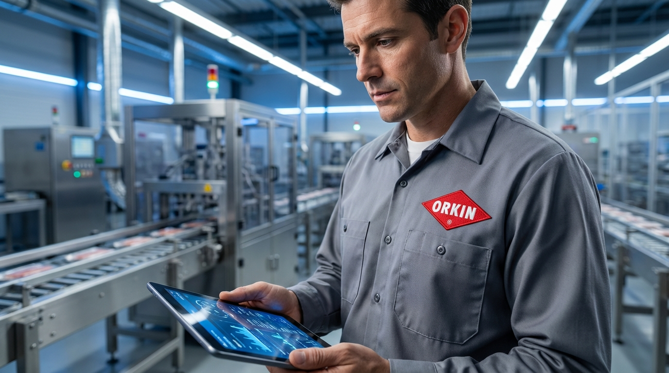 Спеціаліст Orkin Україна в брендованій формі з чітким логотипом ORKIN проводить інспекцію прихованих ризиків на виробництві.