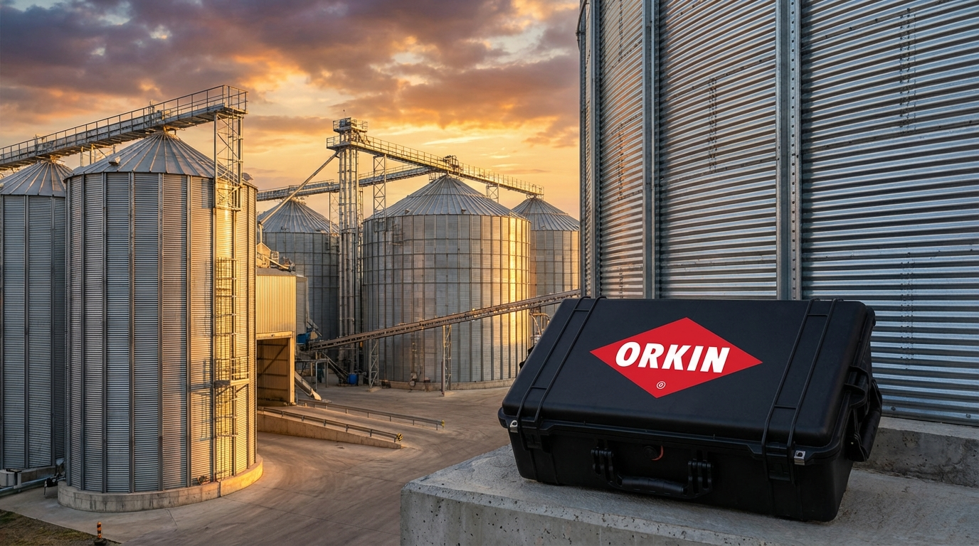 Захистити свій врожай від гризунів: професійне обладнання Orkin Україна біля сучасного зерносховища.